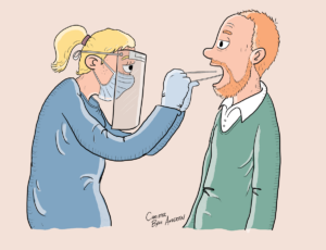 Tegning af coronatest til Magasinet Arbejdsmiljø