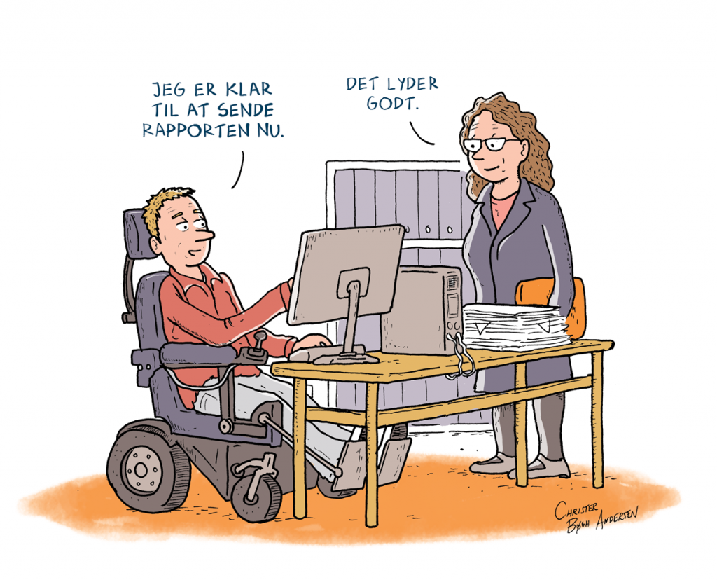 Tegning af handicappet på job. Lavet til Videncenter for Arbejdsmiljø af Christer Bøgh Andersen.