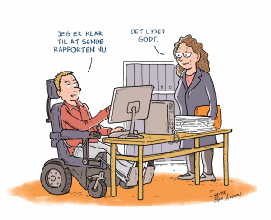Bladtegning af handicappet på job. Lavet til Videncenter for Arbejdsmiljø af Christer Bøgh Andersen.