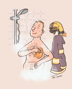 Tegning og bladtegning af brandmand i bad