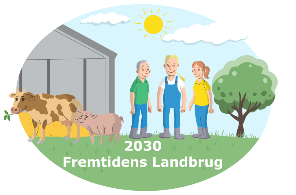Tegning af fremtidens landbrug. Tegnet for Bæredygtigt Landbrug af Christer Bøgh Andersen.